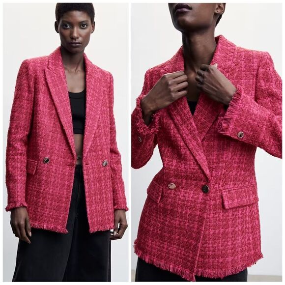 Mango Tweed Blazer Buttons Fuchsia New - Picture 1 of 9